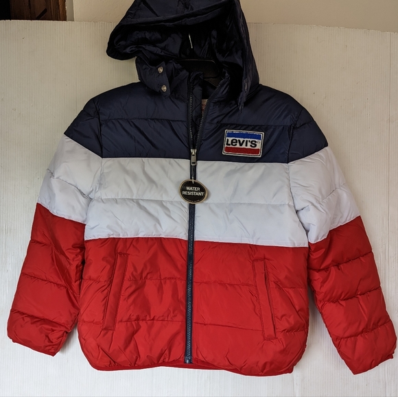 LEVI'S red white and blue colorblock puffer coat youth 10/12 - Picture 7 of 10